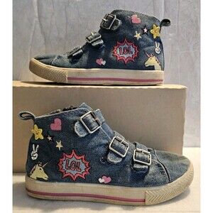 LOL Surprise Emoji Unicorn 3 Buckle Embroidered Hightops Size 2 Girls Blue Denim